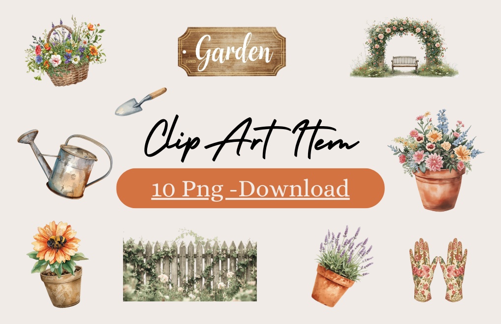 【水彩×アンティーク】ガーデニングクリップアート素材集｜全10点／背景透過PNG／かわいい手描き風イラスト
