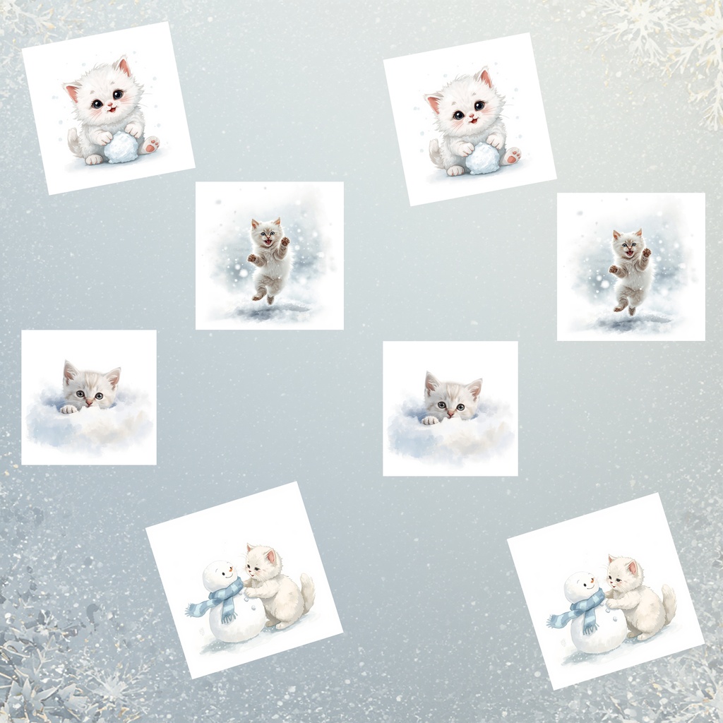 【冬素材】ふわふわ白猫の雪遊び|かわいい水彩イラス