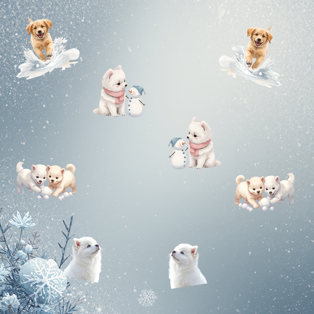 【冬の水彩風素材】雪遊びする犬のかわいいイラスト｜ペット・雪だるま・冬デザイン