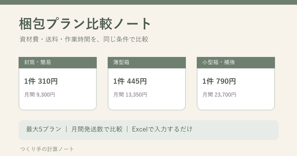 【Excel】梱包プラン比較ノート｜資材費・送料・作業時間を月間費用で比較