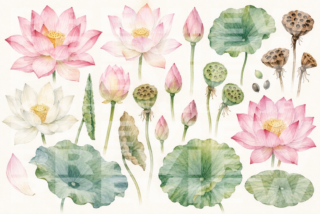 【PNG透過素材】蓮の花の水彩 54点