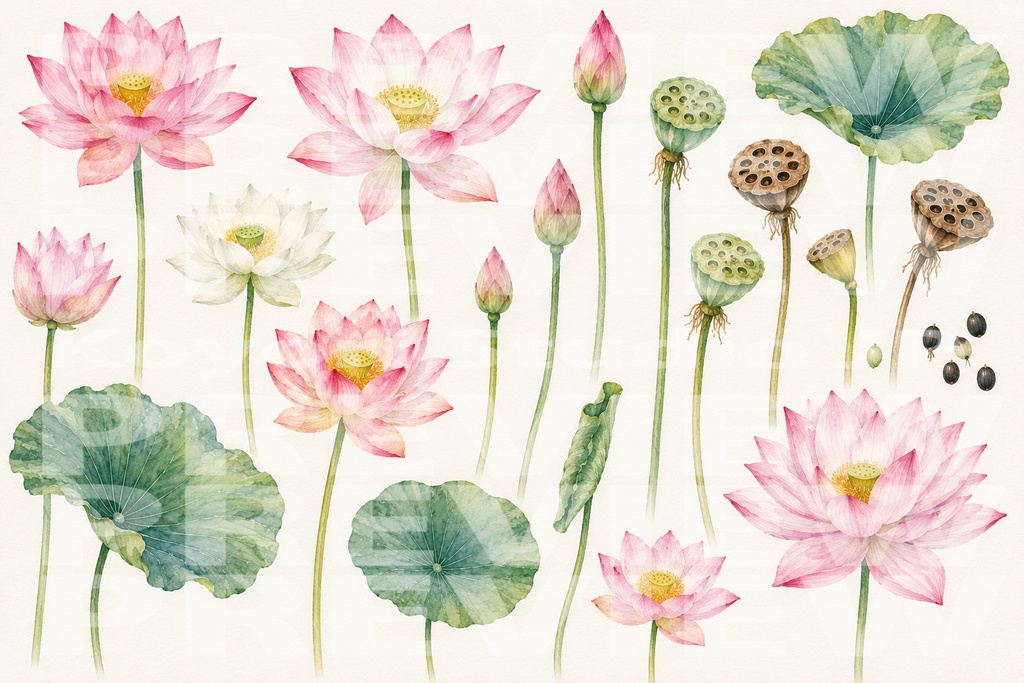 【PNG透過素材】蓮の花の水彩 54点