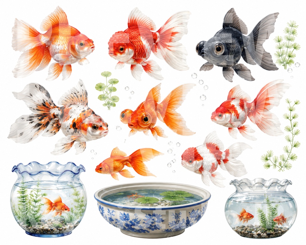 【商用利用可】金魚の水彩素材集 52点