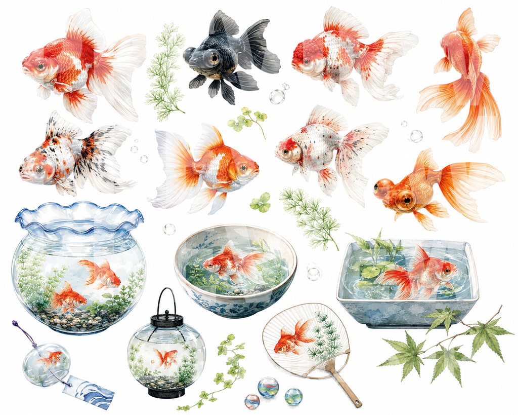 【商用利用可】金魚の水彩素材集 52点