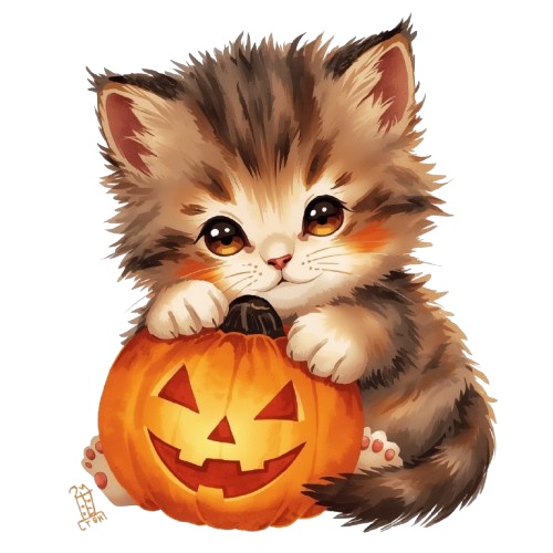 猫のアンティーク風水彩イラスト ハロウィーンバージョン10点 PNG形式