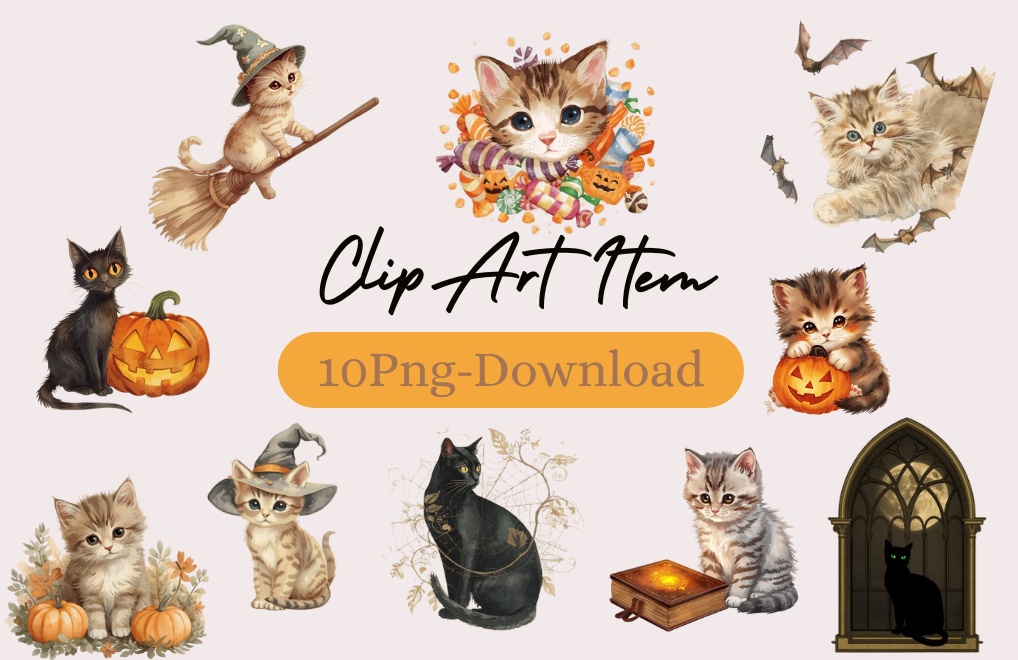 猫のアンティーク風水彩イラスト　ハロウィーンバージョン１０点　PNG形式