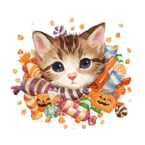 猫のアンティーク風水彩イラスト ハロウィーンバージョン10点 PNG形式