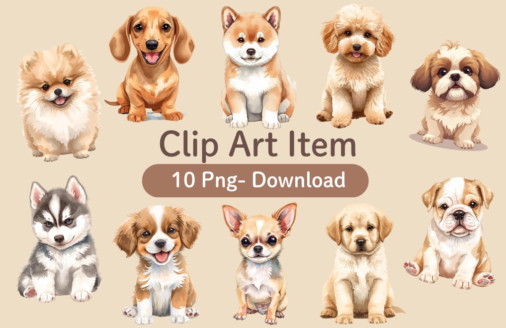 【canva】水彩風・子犬アートクリップアートセット（全10種類）PNG背景透過