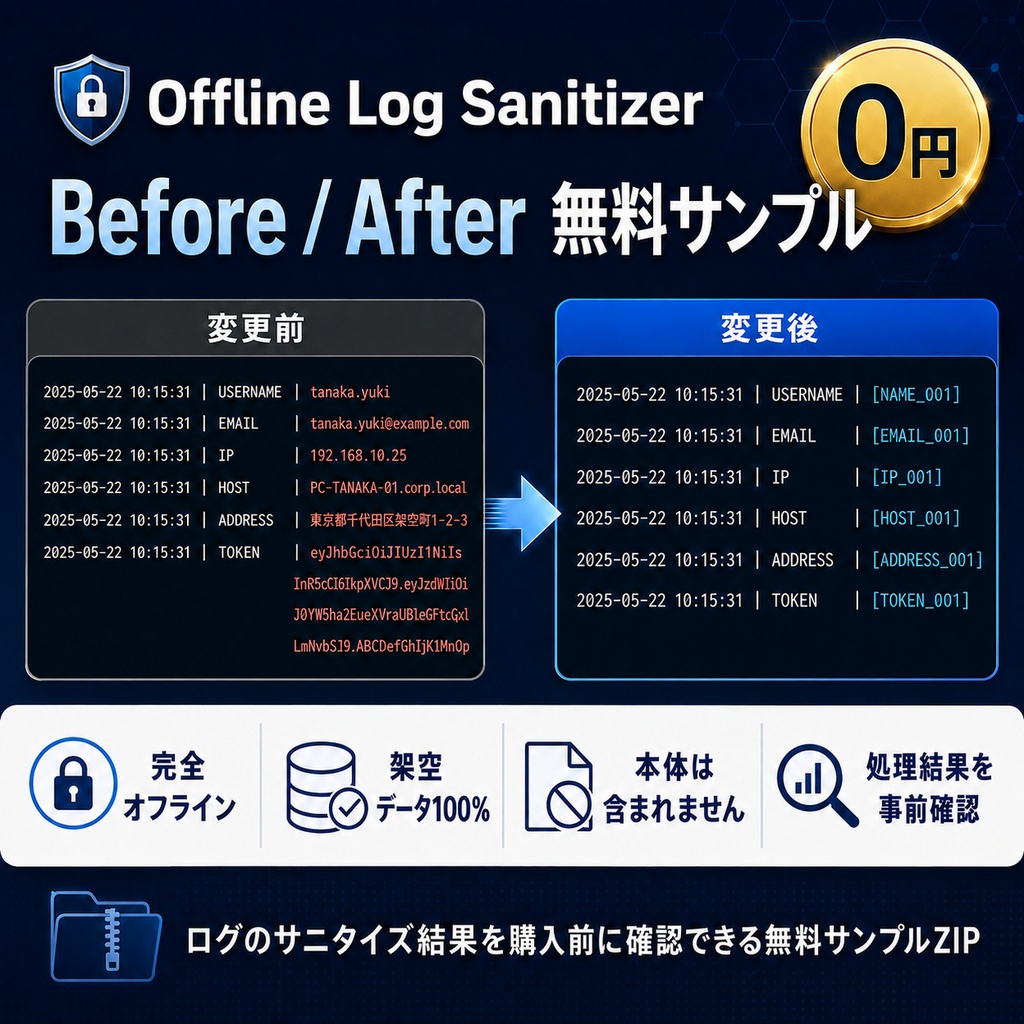 【無料】Offline Log Sanitizer｜ログサニタイズ マスキング Before / After サンプル