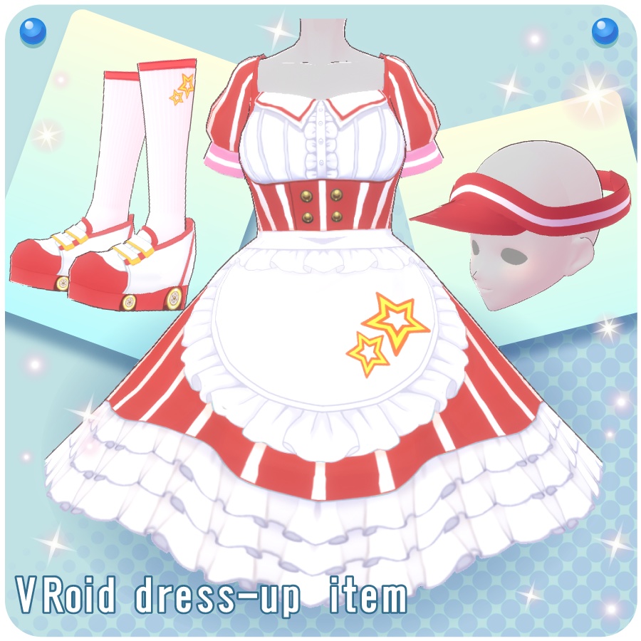 【VRoid用ドレスセット】アメリカンダイナーウェイトレス衣装4色(Diner Waitress Costume 4 colors)