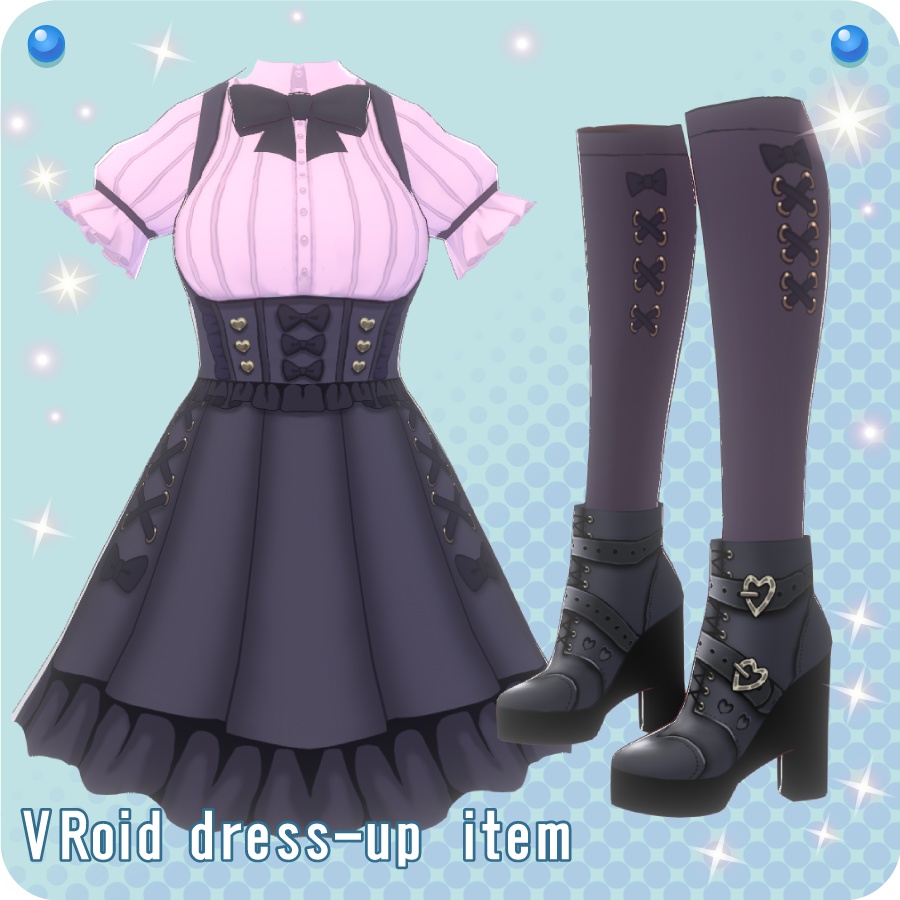 【VRoid用ドレスセット】地雷系ワンピース＆ハート厚底ブーツ3色(Ground mine dress& Heart thick-soled boots 3 colors)