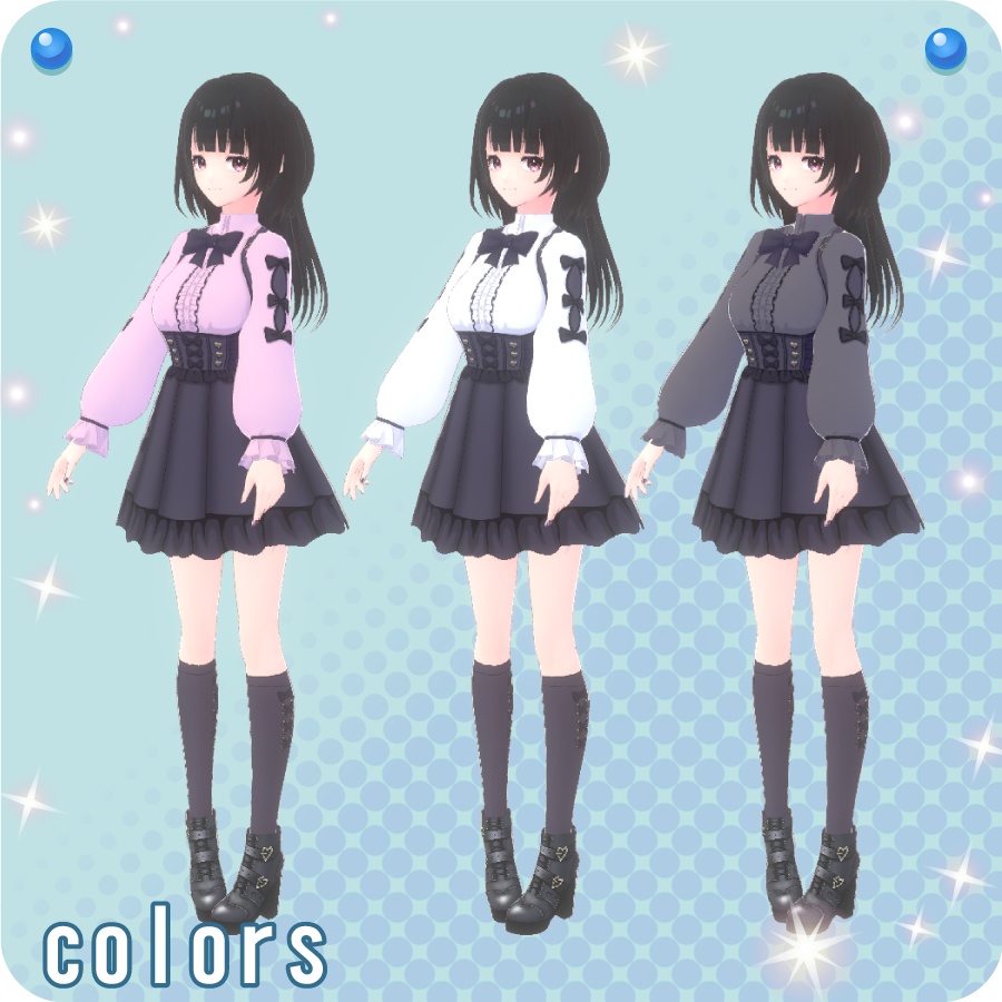 【VRoid用ドレスセット】長袖地雷系ワンピース&ハート厚底ブーツ3色(Long-sleeved ground mine dress & heart platform boots in 3 colors)