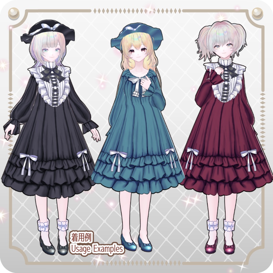 【VRoid Dress Set】フリルネグリジェ ダークカラー6色Frilled Negligee: 6 Dark Colors