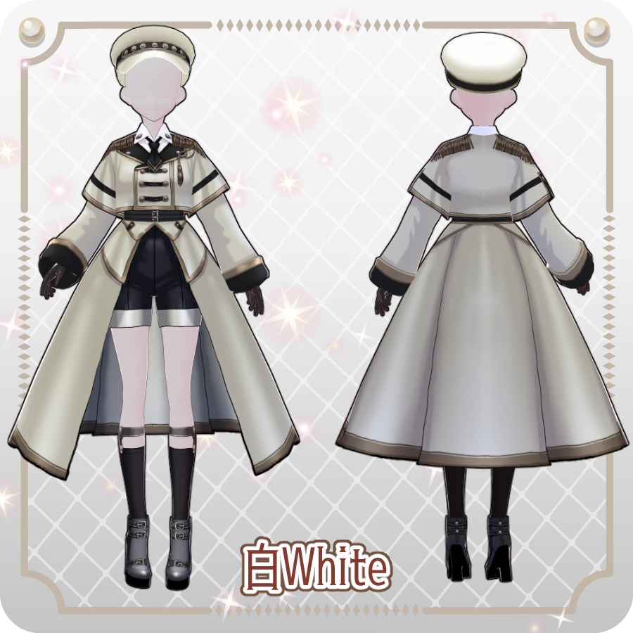 【VRoid Dress Set】ミリタリー ロングコート ハーフパンツ6色 Military-Style Long Coat and Shorts, 6 Colors