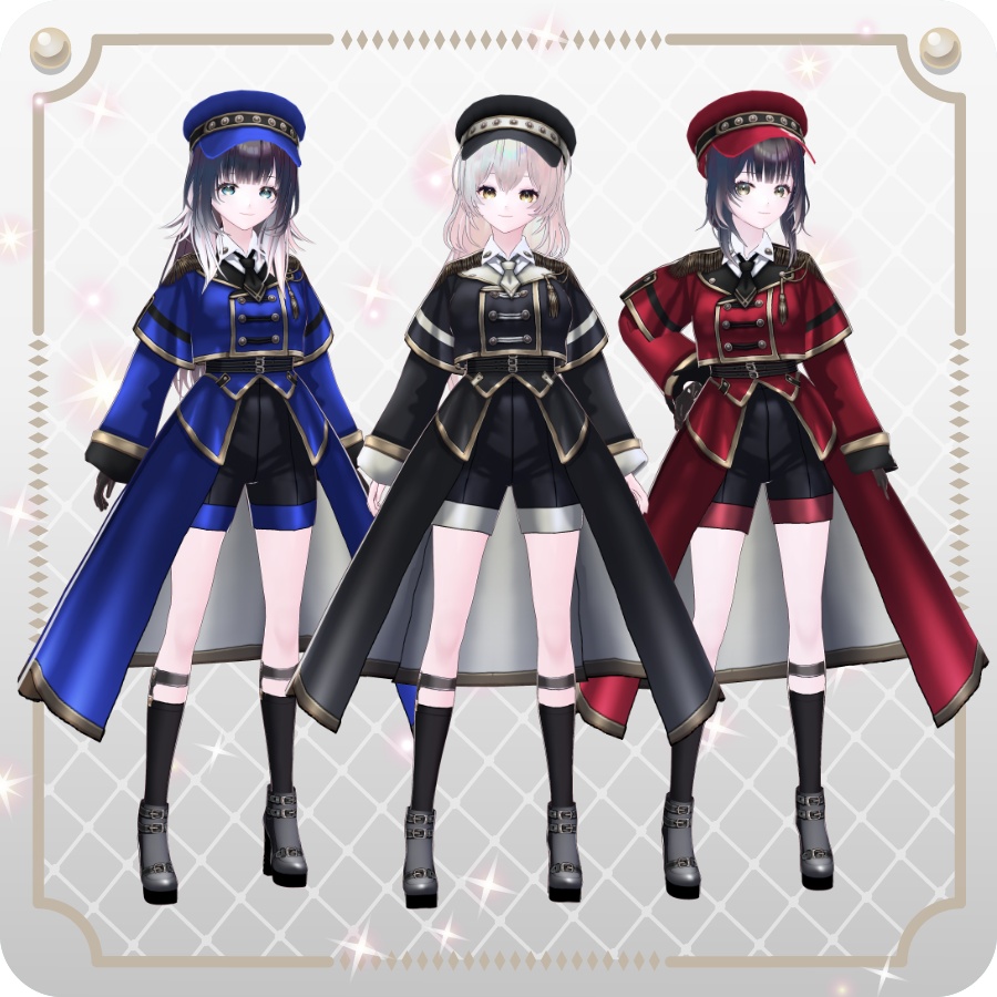 【VRoid Dress Set】ミリタリー ロングコート ハーフパンツ6色 Military-Style Long Coat and Shorts, 6 Colors
