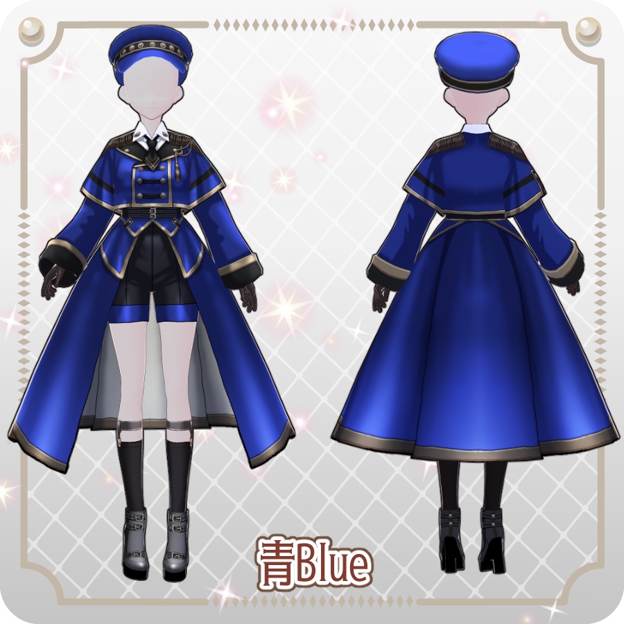 【VRoid Dress Set】ミリタリー ロングコート ハーフパンツ6色 Military-Style Long Coat and Shorts, 6 Colors