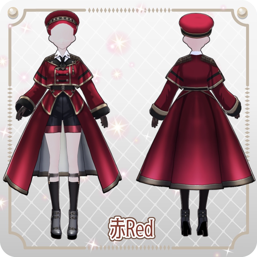 【VRoid Dress Set】ミリタリー ロングコート ハーフパンツ6色 Military-Style Long Coat and Shorts, 6 Colors
