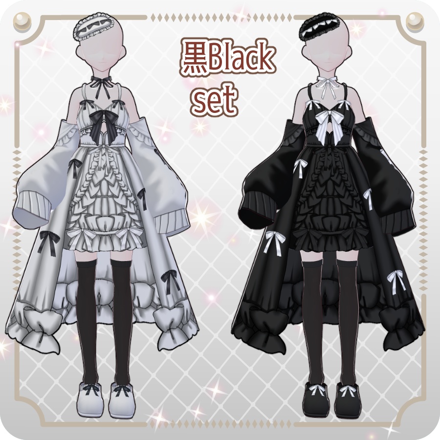 【VRoid Dress Set】フリルリボンベビードールダークカラー6色Frill Ribbon Baby Doll in 6 Dark Colors