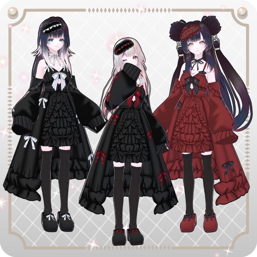 【VRoid Dress Set】フリルリボンベビードールダークカラー6色Frill Ribbon Baby Doll in 6 Dark Colors