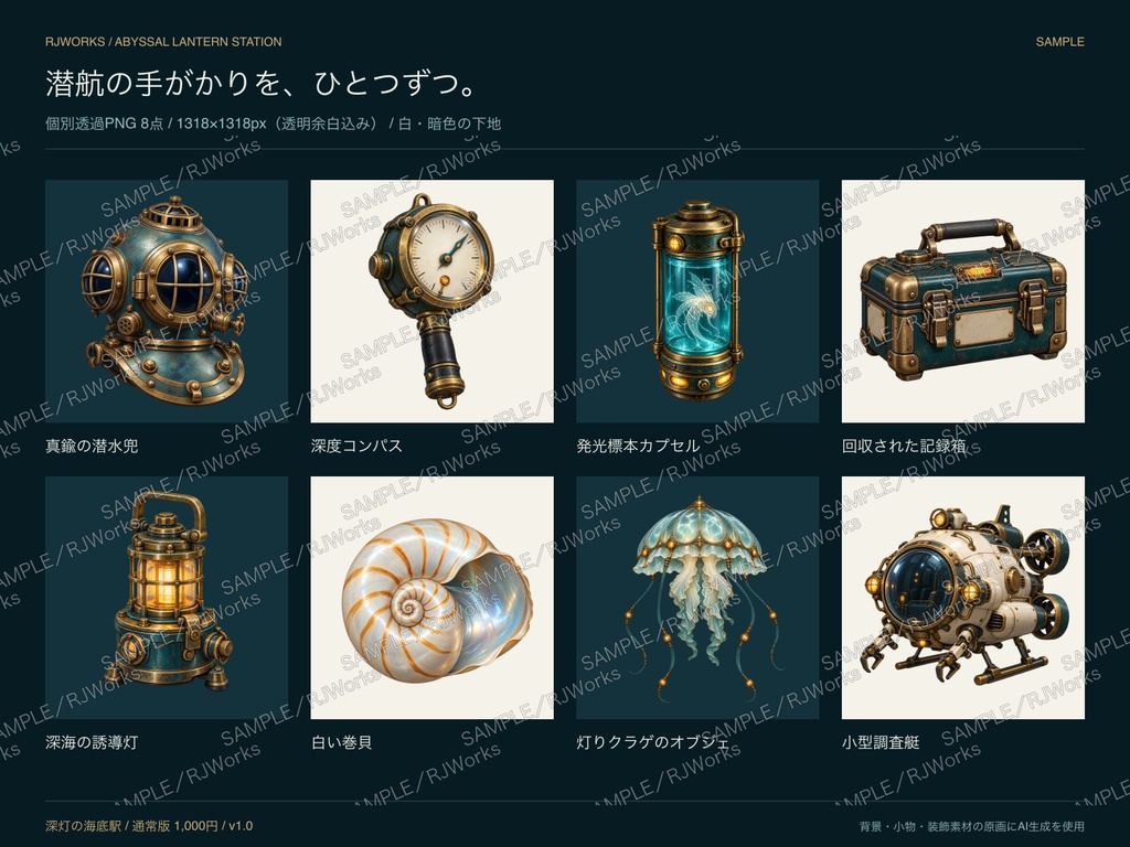 深灯の海底駅|深海探索 TRPG・配信素材セット【PNG・SVG・APNG】