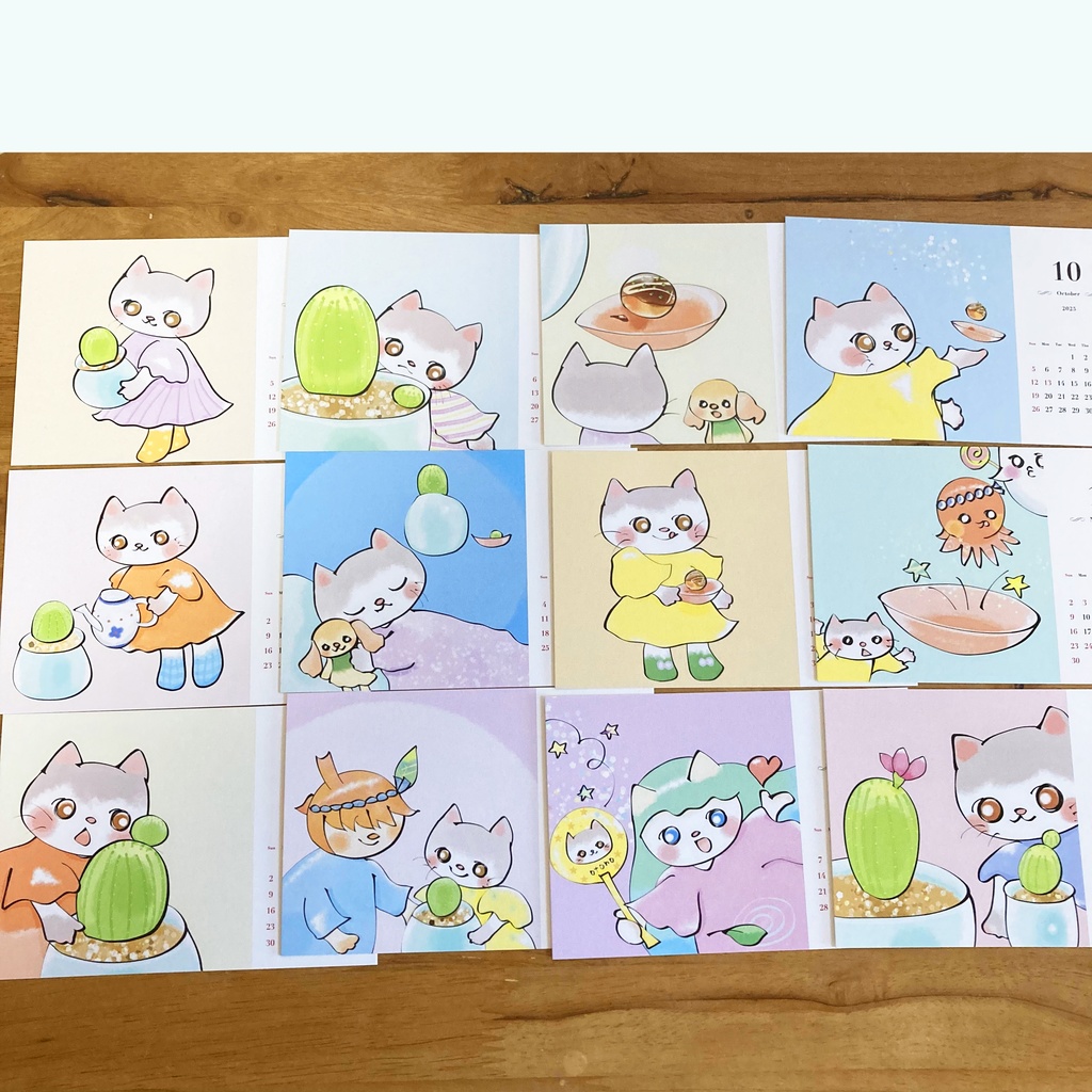 2025年卓上カレンダー「まるちゃんサボテンとotonoねこ」送料込み 木製スタンド付き