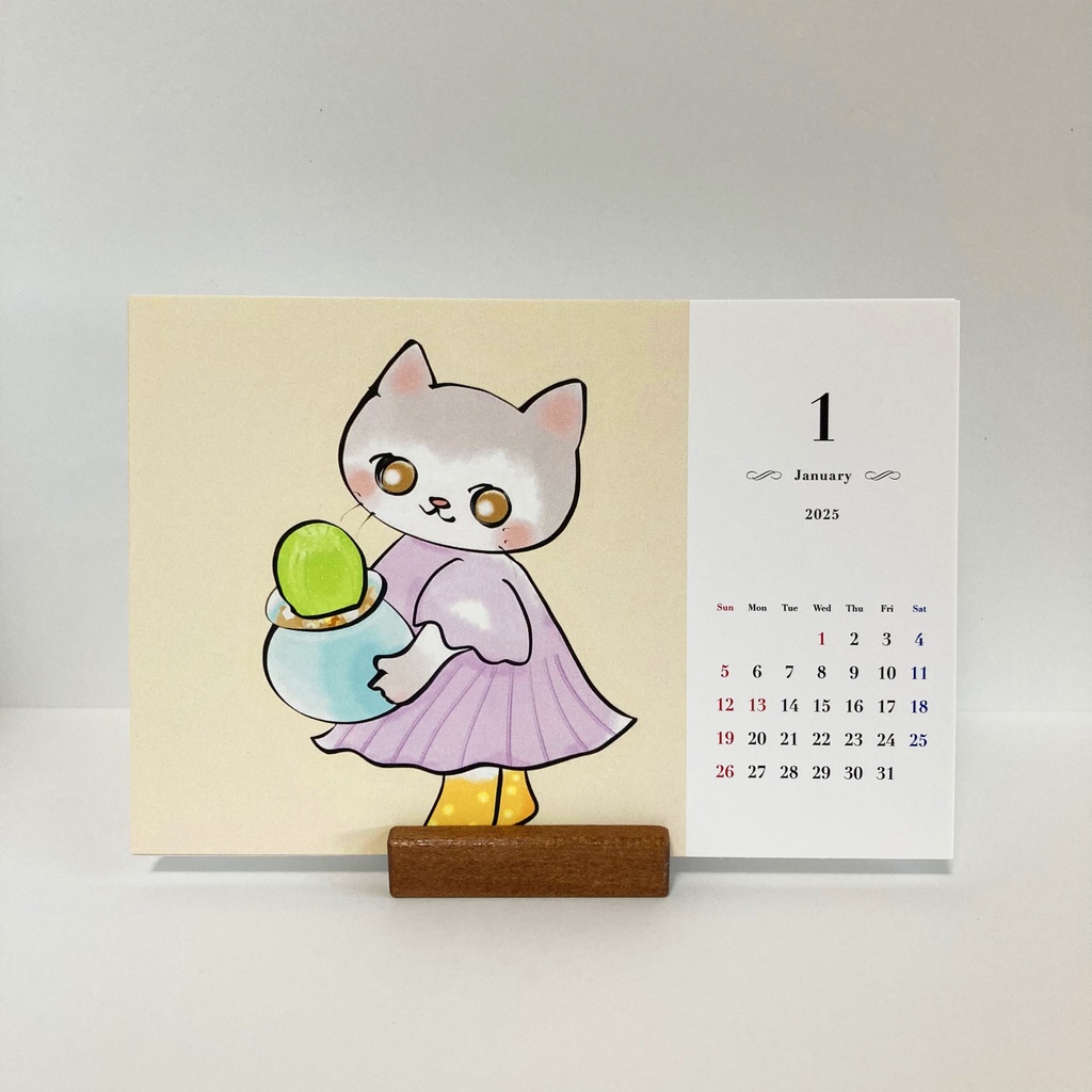2025年卓上カレンダー「まるちゃんサボテンとotonoねこ」送料込み 木製スタンド付き