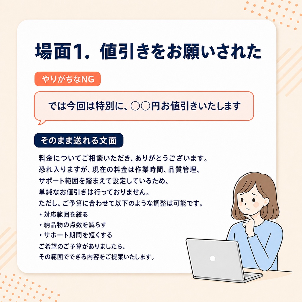 言いにくい返信テンプレ集|値引き・催促・お断り・クレームに、角を立てず返す【NG例・解説つき 全58場面】