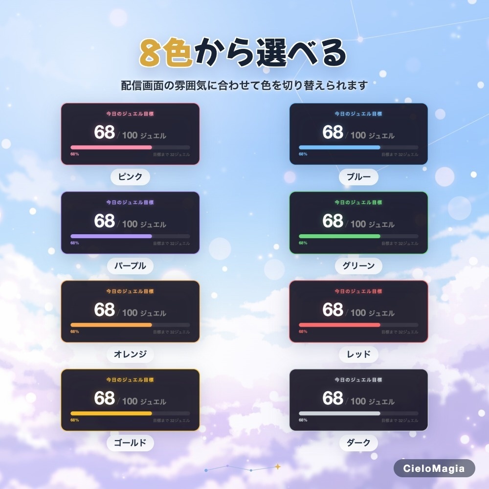 【OBS対応】目標達成メーター ジュエル対応可!!|投げ銭を自動カウントして配信画面に表示!8色カスタマイズ
