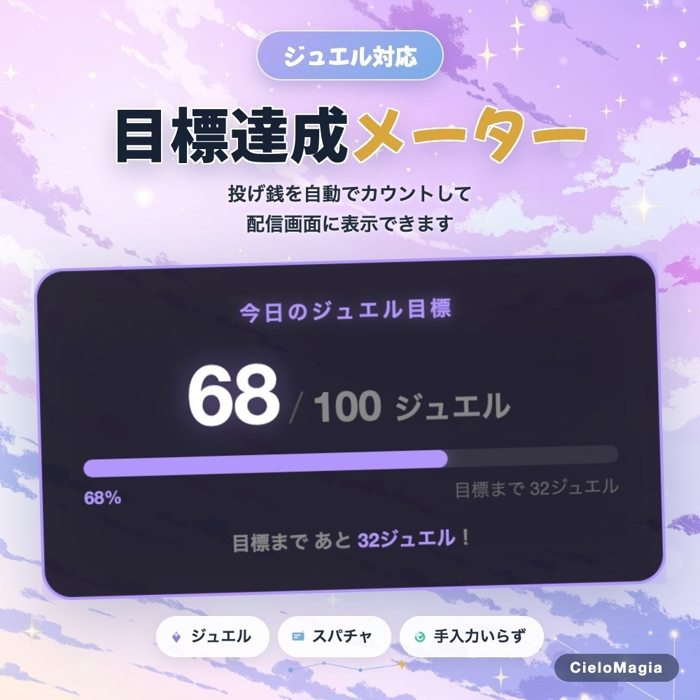 【OBS対応】目標達成メーター ジュエル対応可!!|投げ銭を自動カウントして配信画面に表示!8色カスタマイズ