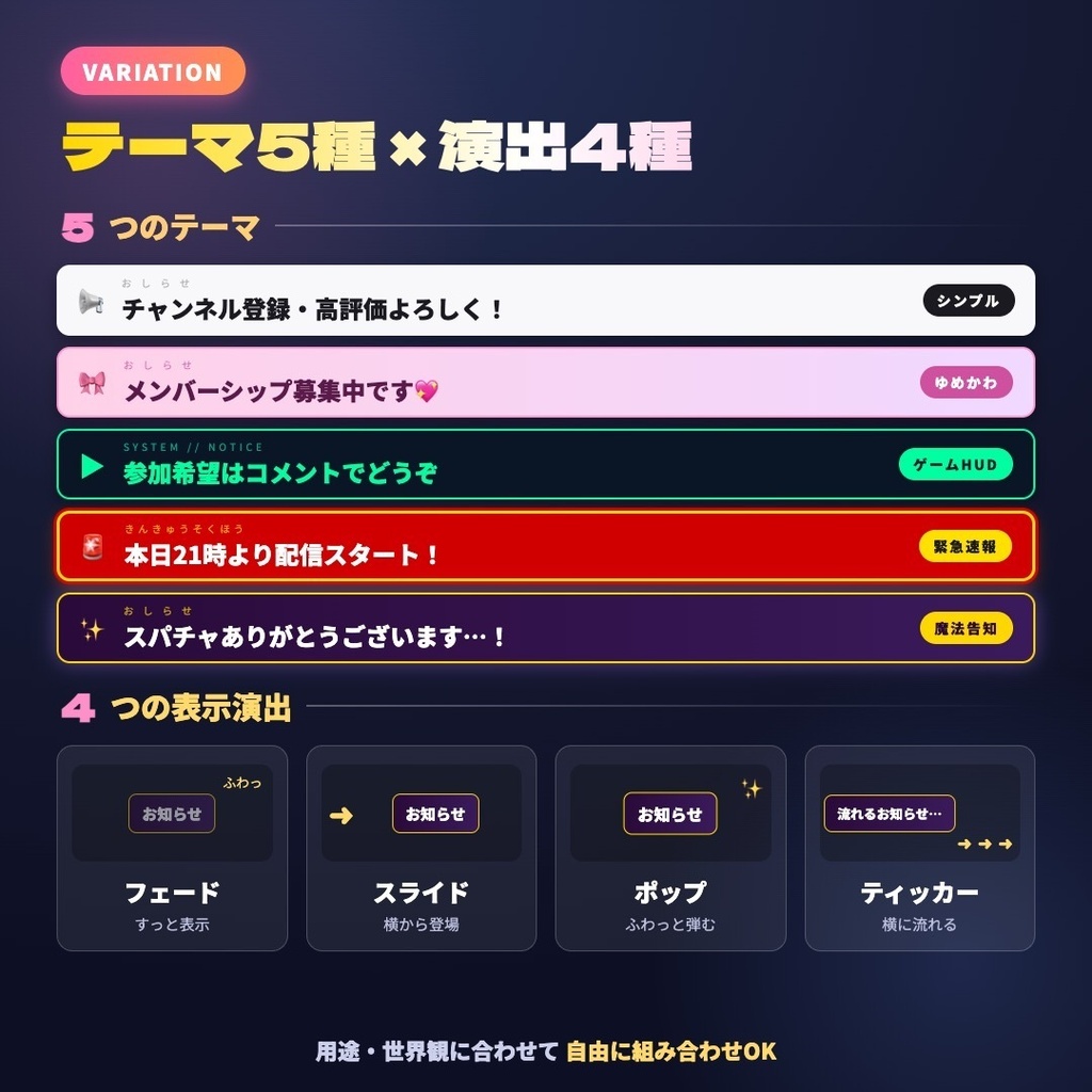 【OBS素材】配信お知らせテロップバー v1.0 / 5テーマ × 自動ローテーション