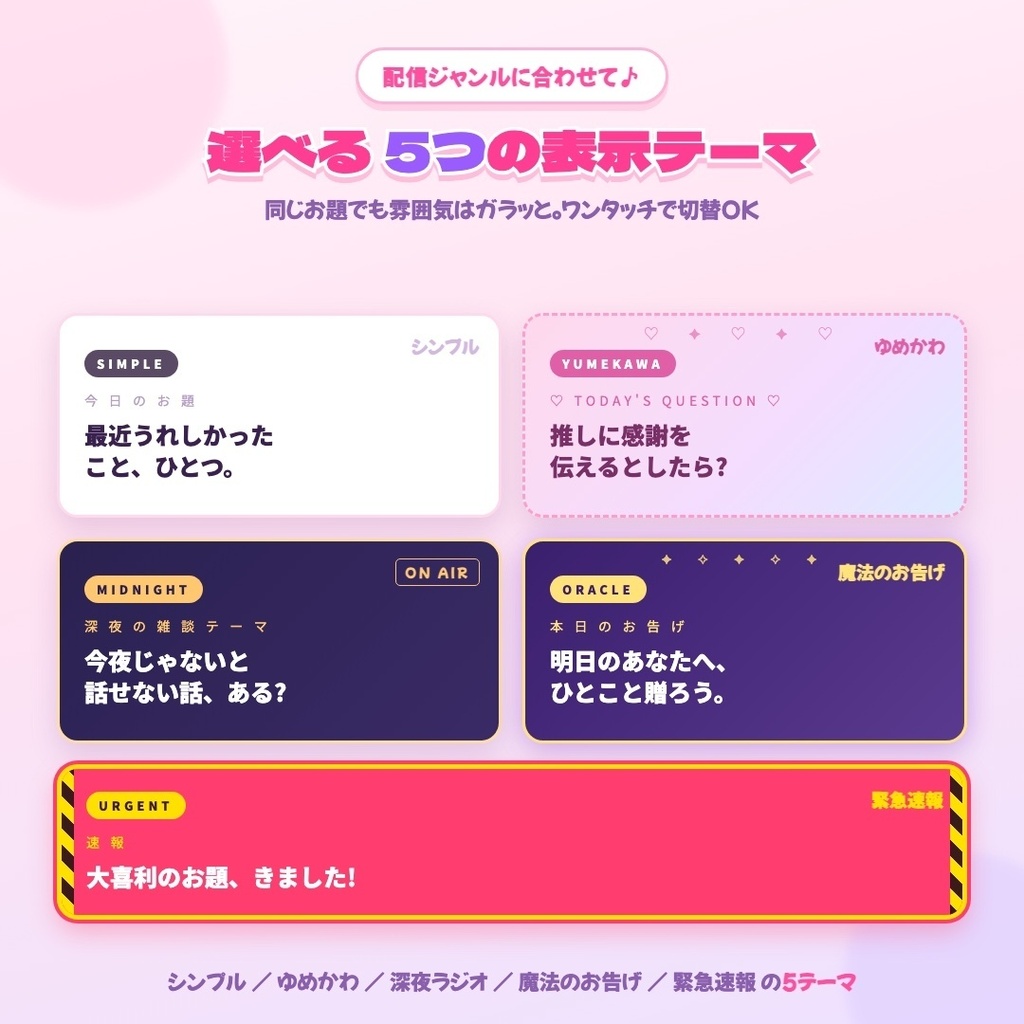【OBS素材】今日のお題ポップアップ / 124件 × 5テーマ / 雑談配信に