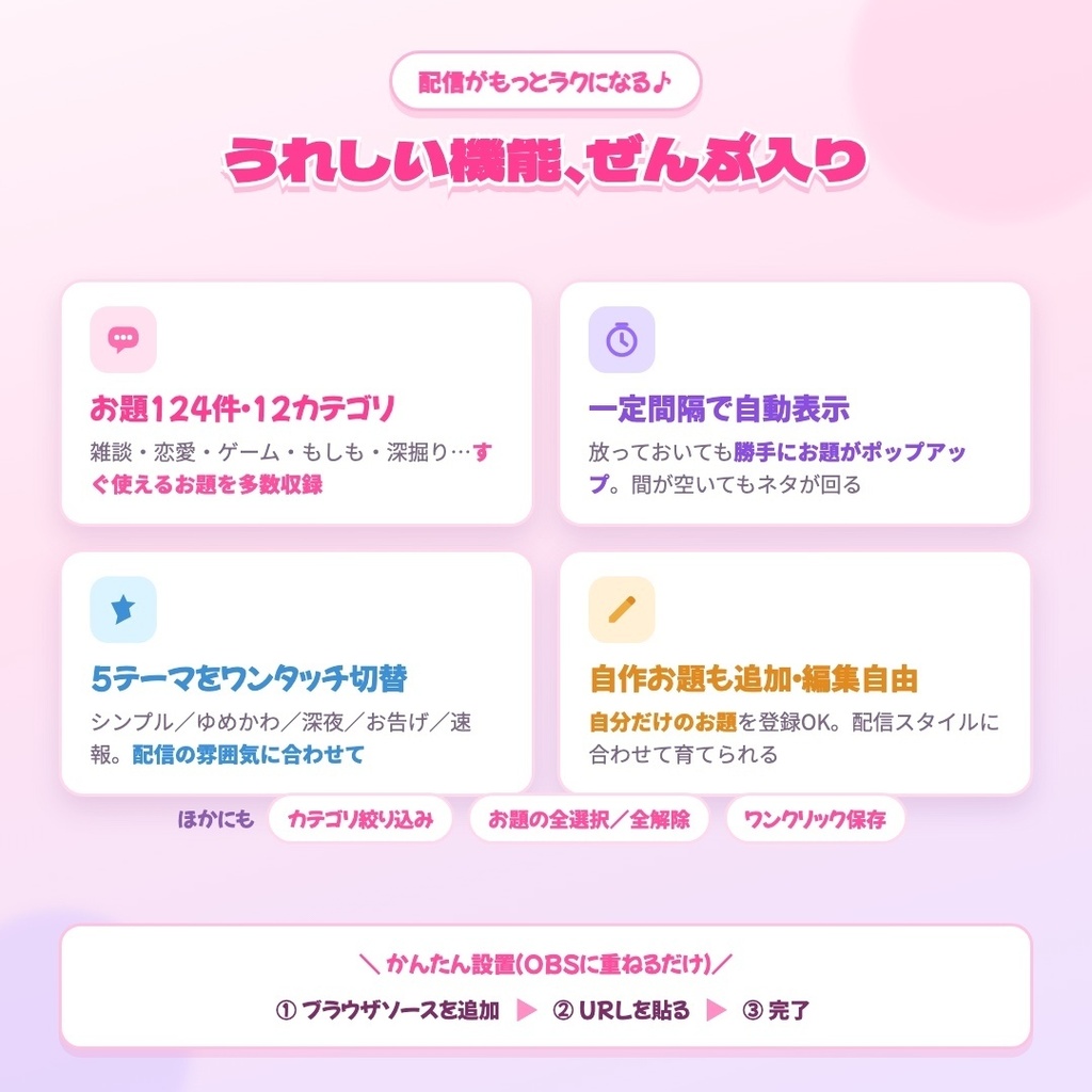 【OBS素材】今日のお題ポップアップ / 124件 × 5テーマ / 雑談配信に