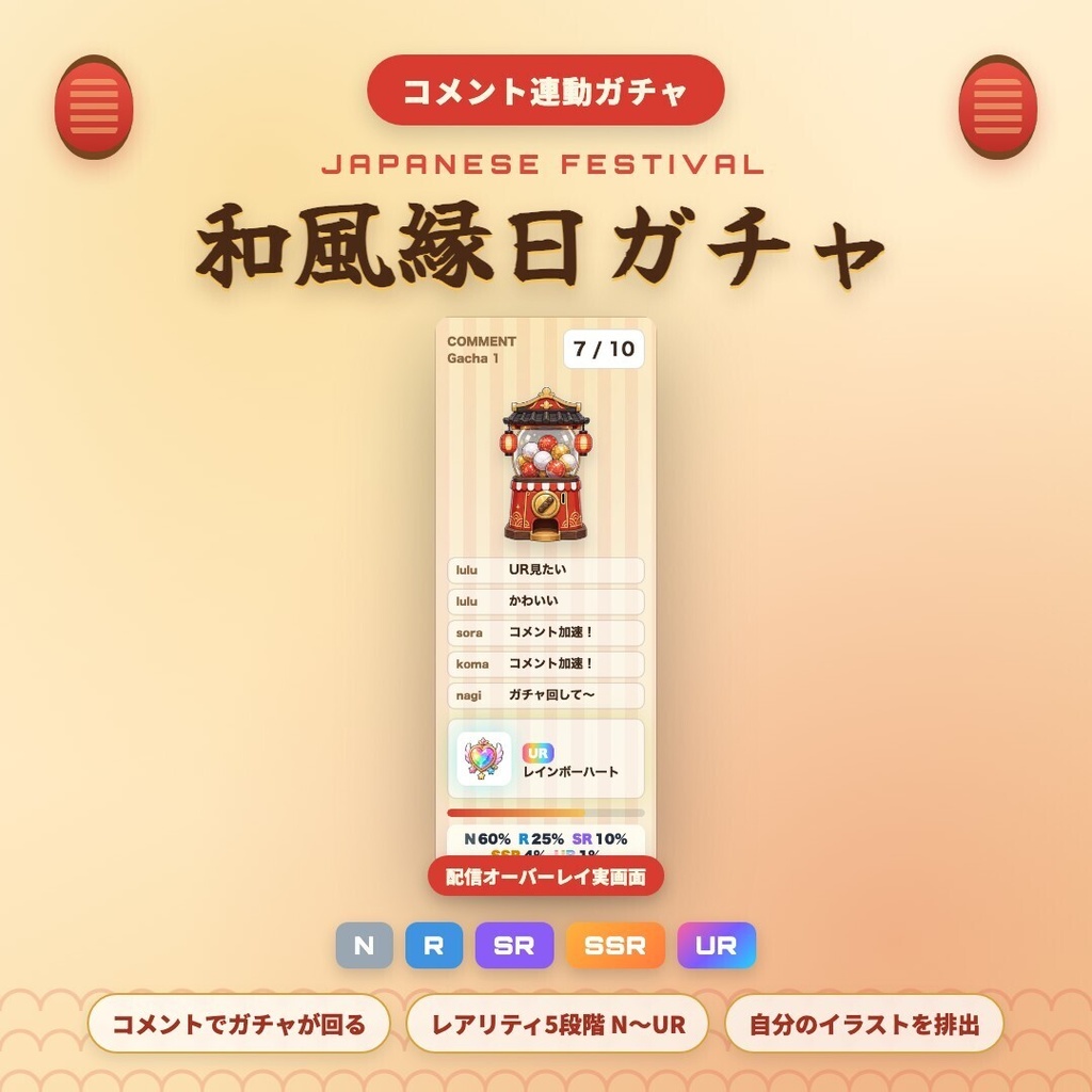 【OBS素材】和風縁日ガチャ / コメント連動ガチャ / わんコメ連携 / N〜UR レア度演出