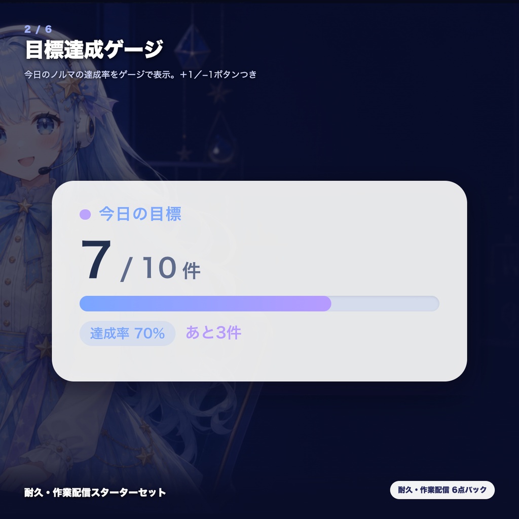 【OBS素材】耐久・作業配信スターターセット v1.0 / 進捗バー・目標ゲージ・ミッション・タイマー・休憩・クラッカーの6点パック / インストール不要