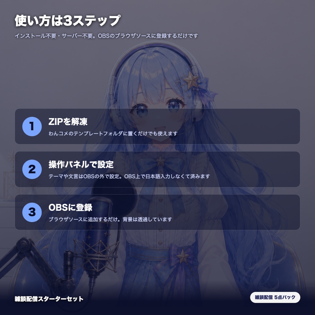 【OBS素材】雑談配信スターターセット v1.1 / 初見歓迎・質問ボックス・コメント促進・配信メニュー・休憩カードの5点パック / OBSドック・わんコメ対応