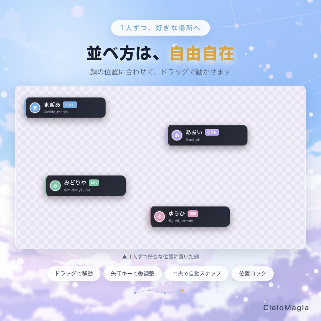 【OBS対応】コラボ用参加者ネームプレート|名前・SNS・役割を配信画面に表示|最大8人・16テーマ