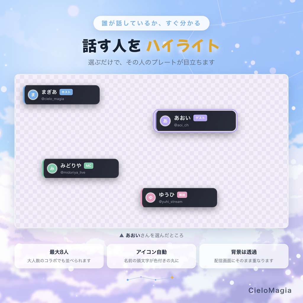 【OBS対応】コラボ用参加者ネームプレート|名前・SNS・役割を配信画面に表示|最大8人・16テーマ
