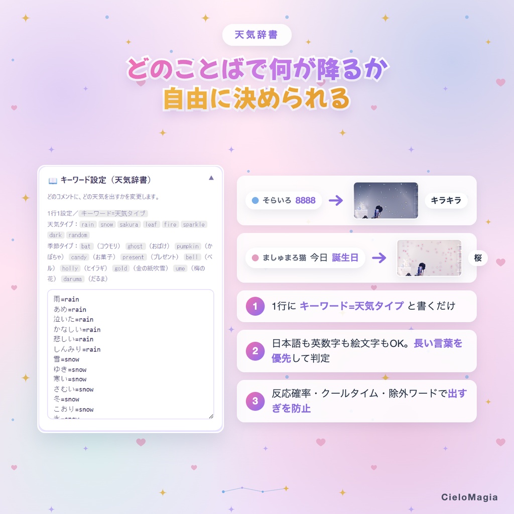 【OBS対応】コメント天気エフェクト / コメントで画面の天気・季節演出が変わる / ハロウィン・クリスマス・お正月演出入り / わんコメ対応