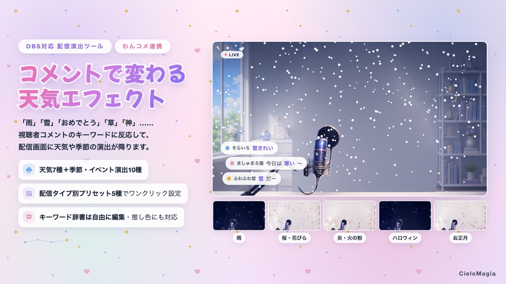 【OBS対応】コメント天気エフェクト / コメントで画面の天気・季節演出が変わる / ハロウィン・クリスマス・お正月演出入り / わんコメ対応