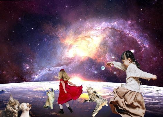 画像 490d 猫と女の子 美術 アート ポスター素材 幻想 SF ファンタジー 空想 銀河 星雲 ねこ ネコ CAT 少女 幼女