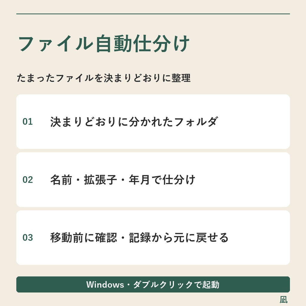 ダウンロードした書類をフォルダへ仕分け|名前・拡張子・更新年月/Windows用