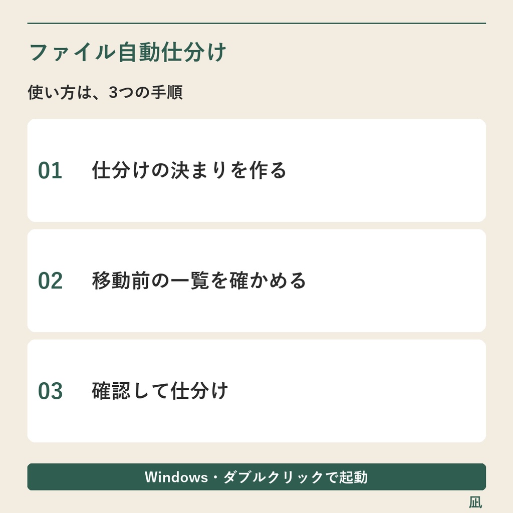 ダウンロードした書類をフォルダへ仕分け|名前・拡張子・更新年月/Windows用