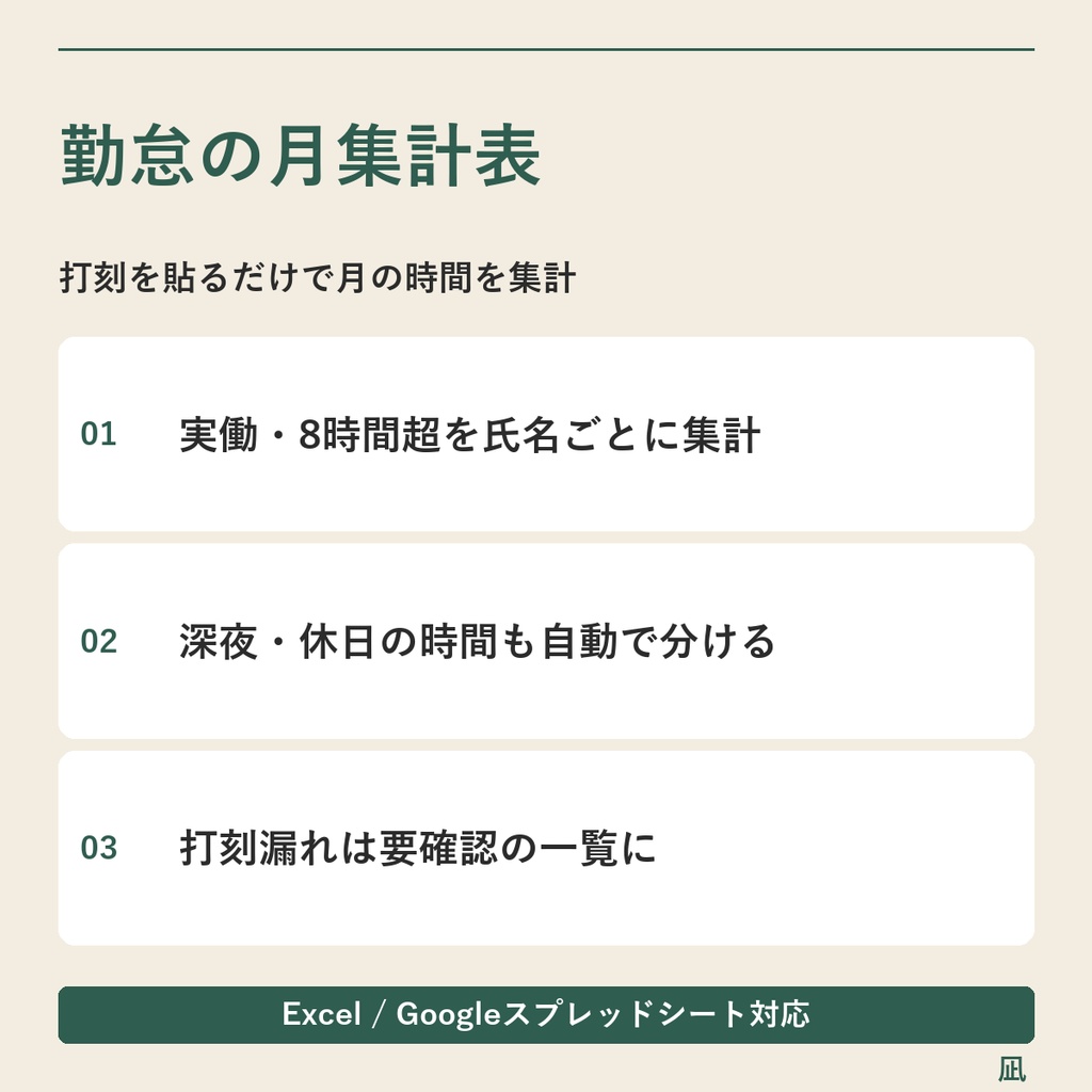 【無料お試し】勤怠の月集計表(5人まで)