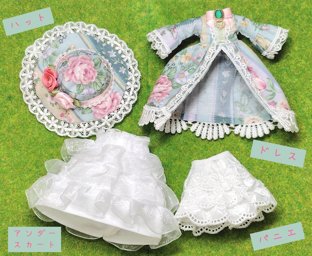 【オビツ11】薔薇のご令嬢フルコーデ4点セット　ドレス・帽子・スカート・パニエ