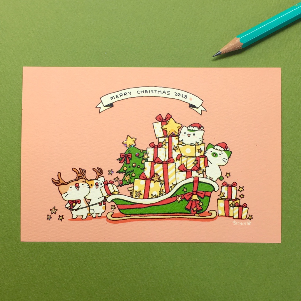 まっちゃねこ。ポストカード(ラメ付き)【クリスマス2018】