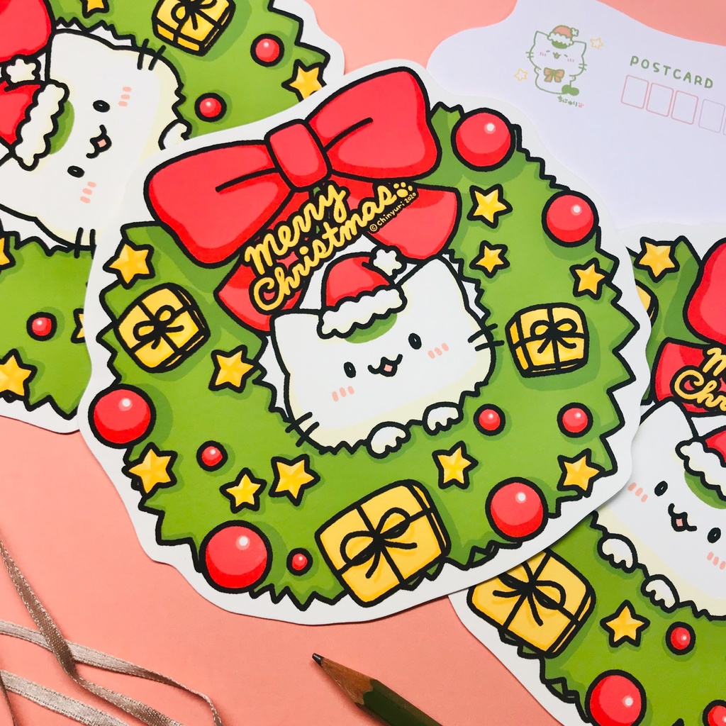 まっちゃねこ。ポストカード【クリスマスリース】