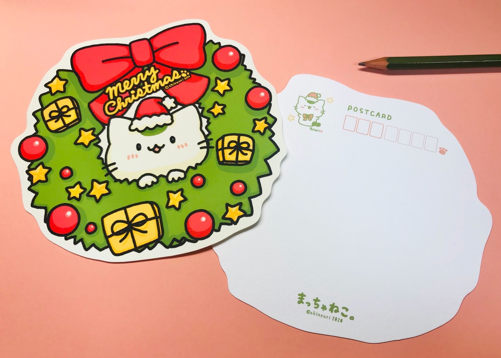 まっちゃねこ。ポストカード【クリスマスリース】