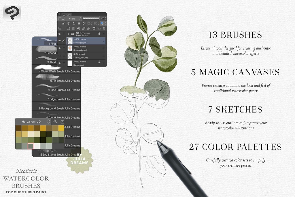 リアルな水彩ブラシ Realistic Watercolor Brushes for Clip Studio Paint CSP