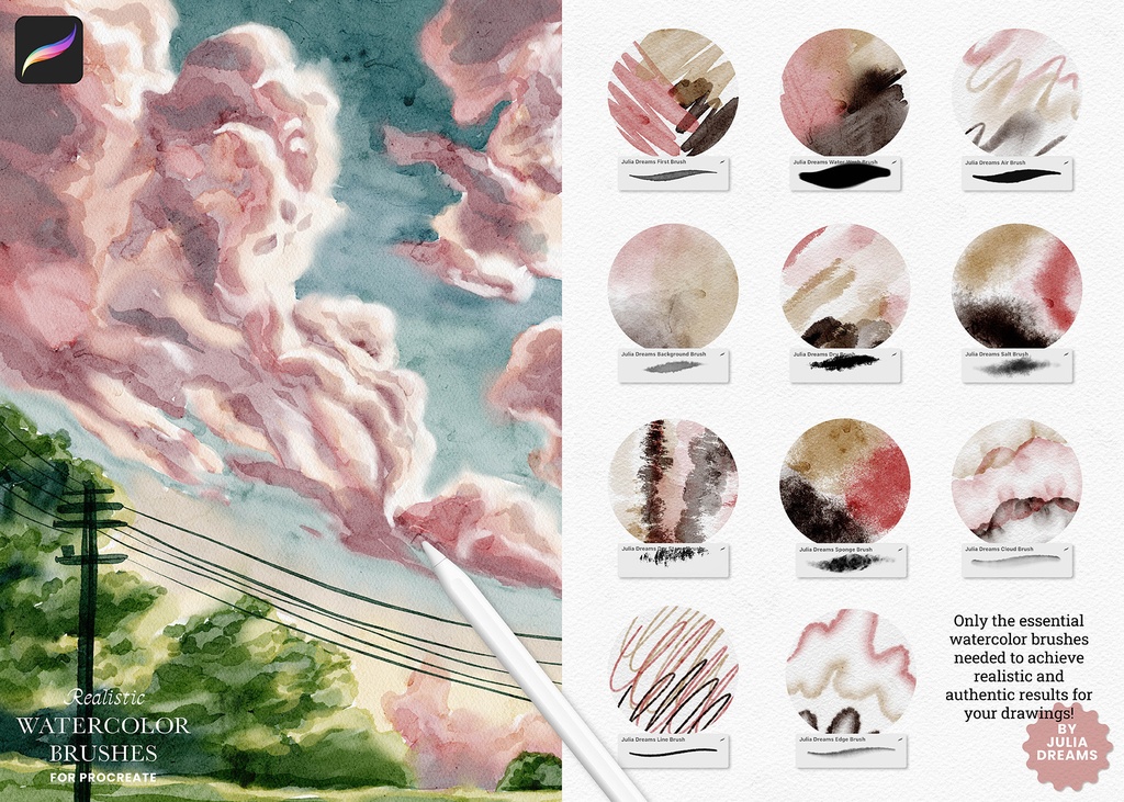 リアルな水彩ブラシ Realistic Watercolor Brushes for Procreate