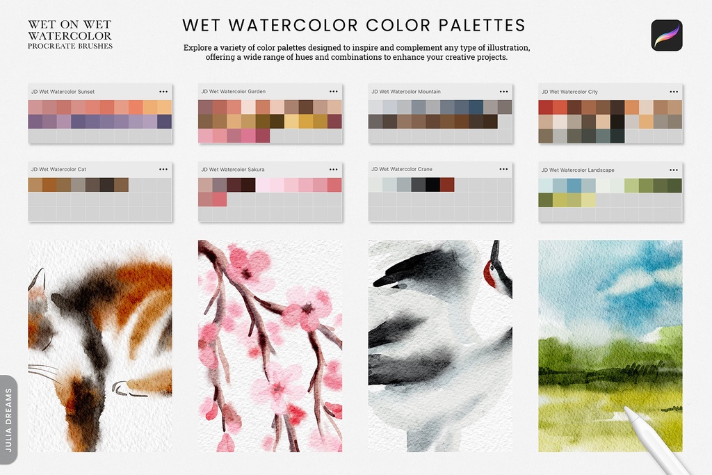 ウェットオンウェット水彩 Procreate ブラシ Wet on Wet Watercolor Procreate Brushes